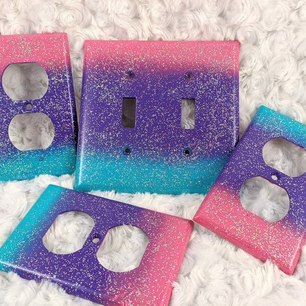 Pink Purple Turquoise Ombré / Sparkle Bling Light Switch Plates, Outlet Covers, & Rockers /Silver Holographic Glitter /Vibrant Unicorn Décor