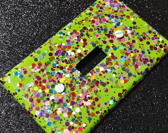 KEY LIME SURPRISE* with Rainbow Glitter •• Sparkle Bling Light Switch Plates, Rockers, Outlet Covers •• Bright Eccentric Colorful Home Decor