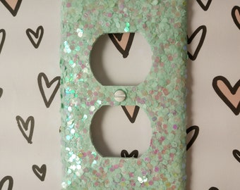 Seafoam Green with Iridescent White Opal Glitter ~ Bling Light Switch Plates, & Outlet Covers  ~ Ocean Beach Décor ~ Bedroom Mermaid Theme