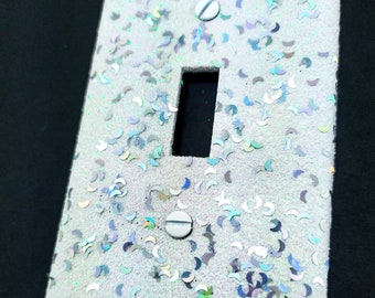 Iridescent White Opal Glitter w/ Holographic Moons • Decorative Bling Light Switch Plates, Outlet Covers, Rockers • Home Décor •Nursery Room