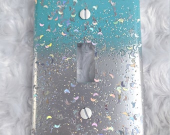 Turquoise & Silver  Chrome Ombré w/ Holographic Moon Glitter ~ Sparkle Bling Light Switch Plates, Outlet Covers ~ Girly Decor ~ Nursery Room