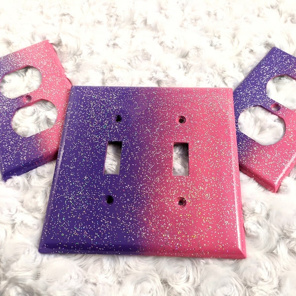 Pink & Purple Ombré /Sparkle Bling Light Switch Plates, Outlet Covers, Rockers /Silver Holographic Glitter /Cute Girly Unicorn Nursery Décor