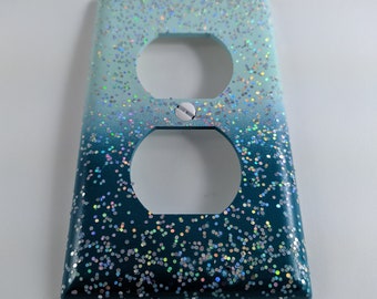 Aqua & Teal Ombré with Holographic Glitter / Sparkle Bling Light Switch Plates, Outlet Covers, Rockers / Mermaid Decor / Beach Ocean Theme