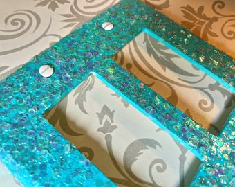 Turquoise Aqua Blue with Iridescent White Opal Glitter ~Bling Light Switch Plates, Outlet Covers  ~Ocean Beach Decor ~Bedroom Mermaid Theme