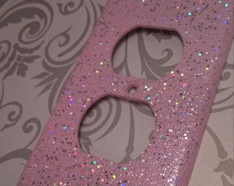 Cute Candy Pink w/ Silver & Holographic Rainbow Bling Glitter ~ Light Switch Plates, Rockers, Outlet Covers ~Girly Kawaii Unicorn Wall Decor