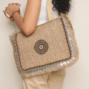 Beige Handcrafted Jute Tote Bag - Everyday Summer Shoulder Bag