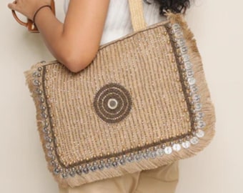 Sac fourre-tout en jute fabriqué à la main beige - Sac à bandoulière estival pour tous les jours