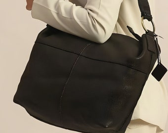 Black Leather Tote Bag: Women's Laptop Shoulder Bag