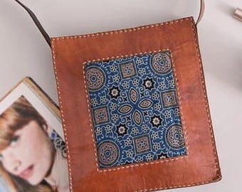 Leather Sling Bag: Hand-Printed Ajarakh Fabric Crossbody - Adjustable Strap