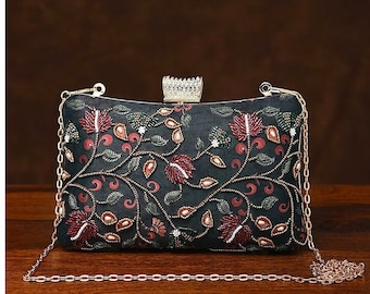 Black Embroidered Silk Clutch: Handcrafted Evening Bag