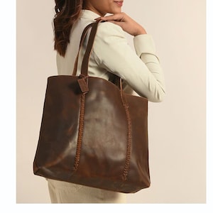 Brown Genuine Leather Tote Bag - Handcrafted Shoulder Bag for Women