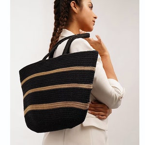 Schwarze Jute Tasche - Handgefertigte Schultertasche - Sommer Strand Handtasche