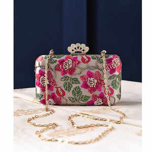 Clutch de seda gris bordado - Bolso de mano de seda gris y rosa bordado a mano - Clutch de noche