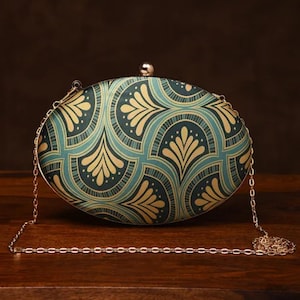Green Handcrafted Printed Silk Clutch - Teal Shoulder Bag - Handbag - Evening Clutch