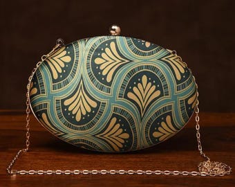 Green Handcrafted Printed Silk Clutch - Teal Shoulder Bag - Handbag - Evening Clutch