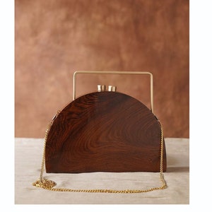 Pochette marron en bois fabriquée à la main - Sac à main - Pochette de soirée pour fêtes, sorties et mariages