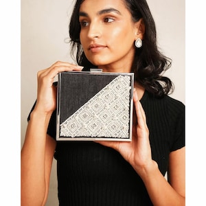 Cartera de mano de seda bordada negra - Cartera de mano de seda bordada a mano - Cartera de noche