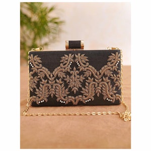 Cartera de mano de seda bordada negra - Cartera de mano de seda bordada a mano - Cartera de noche