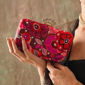 Cartera de mano de seda bordada en rojo - Cartera de mano de seda bordada a mano - Cartera de noche