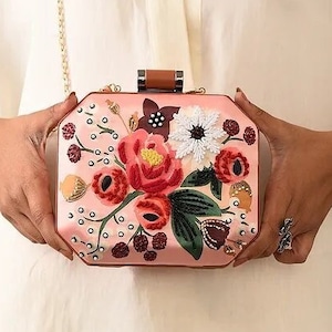 Rosa bestickte Seidenhandtasche - Handbestickte Seide Handtasche Geldbörse - Abendtasche
