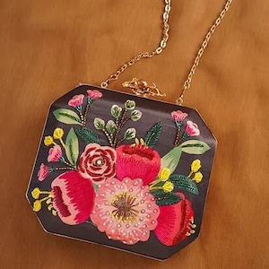 Cartera de mano de seda bordada negra, Cartera de mano de seda bordada a mano, Cartera de noche