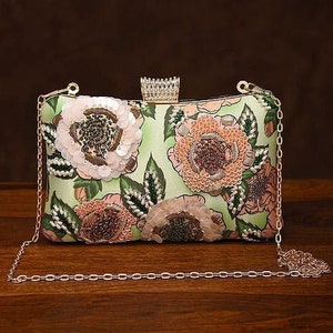 Clutch de seda verde bordado con cuentas - Bolso de mano de seda bordado a mano - Clutch de noche