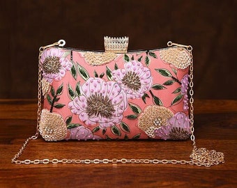 Pink Hand Embroidered Silk Clutch / Shoulder Bag / Handbag / Sling Bag