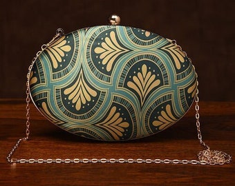 Teal Handcrafted Printed Silk Clutch/ Shoulder Bag/ Handbag