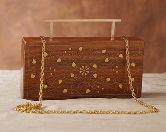 Brown Handcrafted Wooden Sling Bag - Elegant Natural Wood Clutch - Perfect Purse for Parties, outing & wedding - Engraved Statement Handbag
