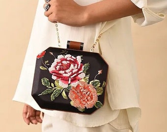 Black Hand Embroidered Silk Clutch Purse