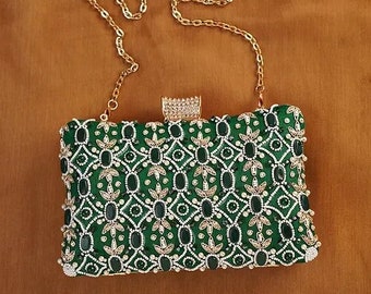 Green Handcrafted Silk Clutch With Embellishments