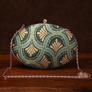 Teal Handcrafted Printed Silk Clutch/ Shoulder Bag/ Handbag