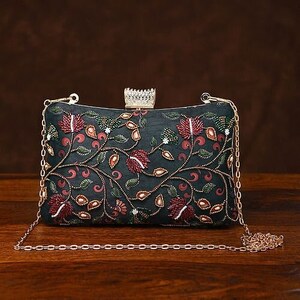 Black Hand Embroidered Silk Clutch/ Shoulder Bag/ Handbag