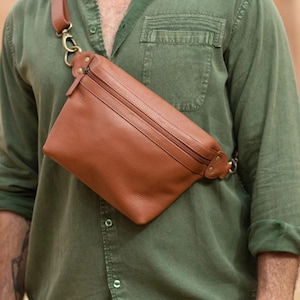 Brown Genuine Leather Fanny Pack: Unisex Crossbody Waist Bag