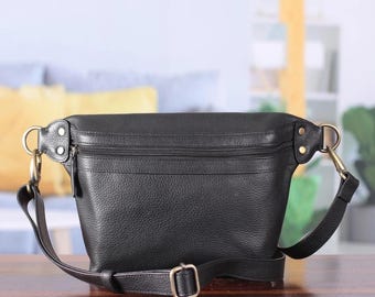 Black Genuine Leather Fanny Pack: Unisex Travel Crossbody Waist Bag