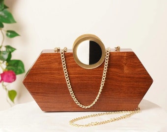 Brown Handcrafted Wooden Sling Bag - Elegant Natural Wood Clutch - Perfect Purse for Parties, outing & wedding - Engraved Statement Handbag