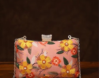 Peach Embroidered Silk Clutch: Handcrafted Evening Bag