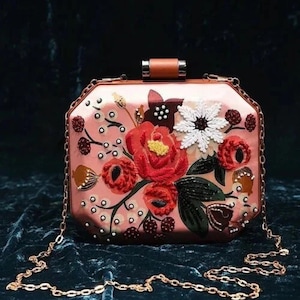 Pink Embroidered Silk Clutch: Handcrafted Evening Handbag