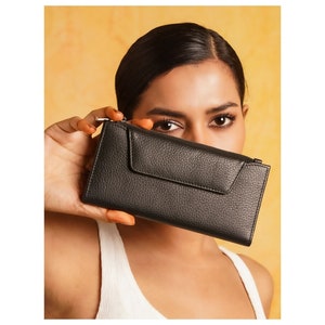 Cartera de piel negra hecha a mano para mujer - Cartera de piel auténtica negra - Accesorios elegantes y duraderos para uso diario
