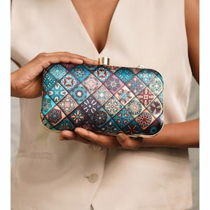 Blue Printed Clutch Bag | Multicolored Handbag | Printed Purse
