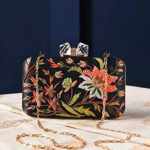 Black Embroidered Silk Clutch: Hand Embroidered Evening Handbag