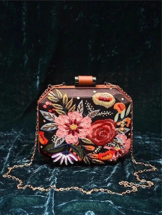 Black Embroidered Silk Clutch: Handcrafted Evening Handbag