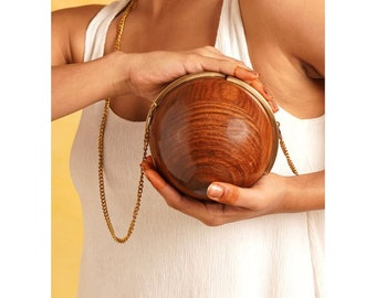 Brown Handcrafted Wooden Clutch - Handbag with Gold Chain - Ball Evening Clutch