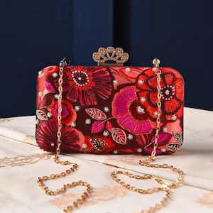 Red Embroidered Silk Clutch: Handcrafted Evening Handbag