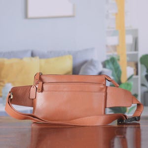 Brown Leather Fanny Pack with 2 Zippered Compartments - Unisex Waist Bag