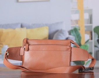 Brown Leather Fanny Pack with 2 Zippered Compartments - Unisex Waist Bag