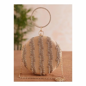 Cartera de mano de seda bordada en color beige con trabajo de cuentas - Cartera de mano de seda bordada a mano - Cartera de noche