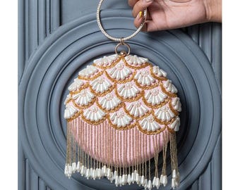 Peach Silk Embroidered Clutch: Beaded Circle Handbag