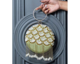 Green Embroidered Silk Clutch With Bead Work - Hand Embroidered Circle Handbag Purse - Evening Clutch
