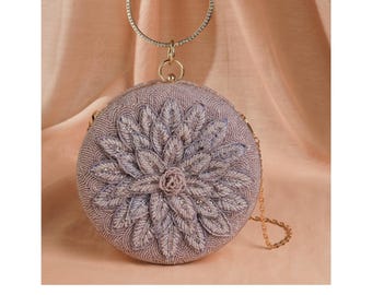 Purple Hand Embroidered Silk Clutch - Round Beaded Evening Purse